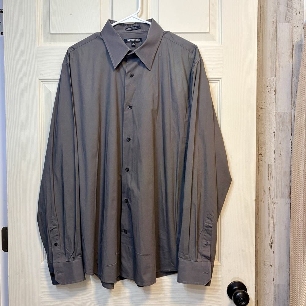 Express Modern Fit XL 17-17.5 Gray‎ Stretch Cotton Button Front Dress Shirt